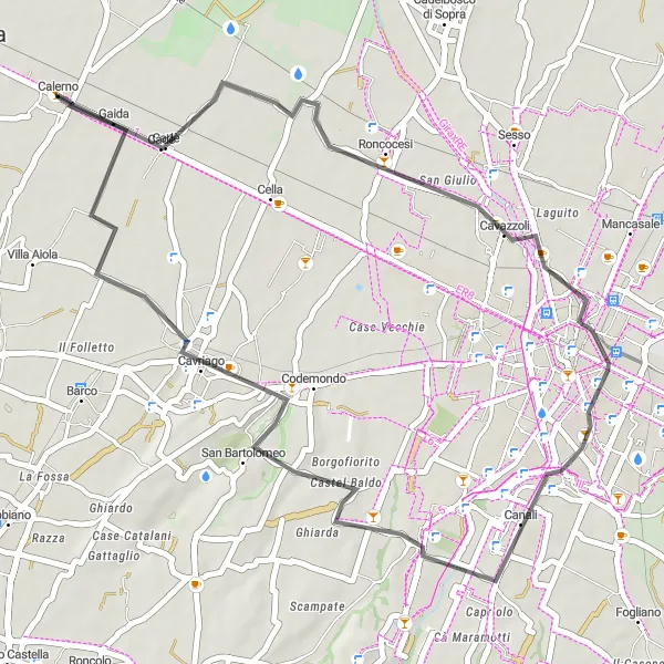 Zemljevid v pomanjšavi "Kolesarska tura do Cavazzolija, Canali, Cavriaga" kolesarske inspiracije v Emilia-Romagna, Italy. Generirano z načrtovalcem kolesarskih poti Tarmacs.app