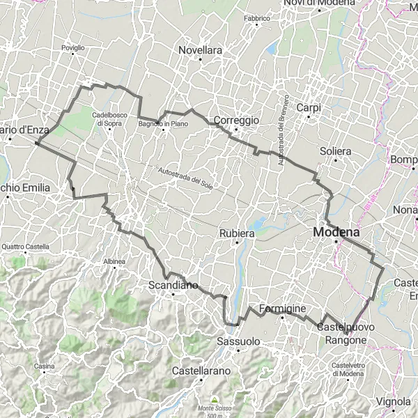 Map miniature of "The Grand Emilia-Romagna Traverse" cycling inspiration in Emilia-Romagna, Italy. Generated by Tarmacs.app cycling route planner