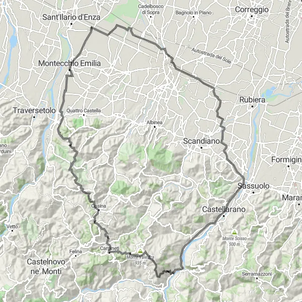 Miniatura della mappa di ispirazione al ciclismo "Giro panoramico da Calerno a Belvedere" nella regione di Emilia-Romagna, Italy. Generata da Tarmacs.app, pianificatore di rotte ciclistiche