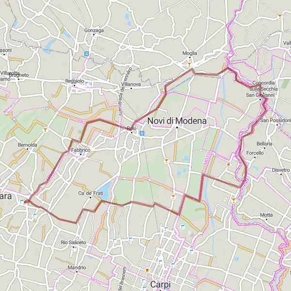 Miniature de la carte de l'inspiration cycliste "Itinéraire gravel vers Campagnola Emilia" dans la Emilia-Romagna, Italy. Générée par le planificateur d'itinéraire cycliste Tarmacs.app