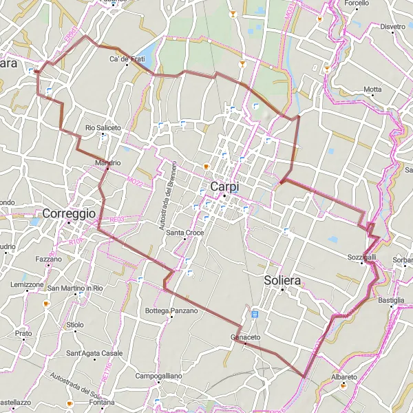 Miniature de la carte de l'inspiration cycliste "Tour en Gravel autour de Campagnola Emilia" dans la Emilia-Romagna, Italy. Générée par le planificateur d'itinéraire cycliste Tarmacs.app