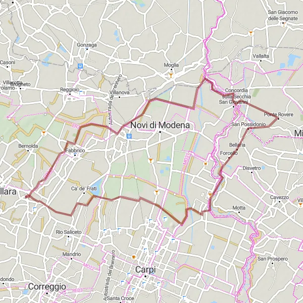 Miniature de la carte de l'inspiration cycliste "Boucle Campagnola Emilia - Rolo" dans la Emilia-Romagna, Italy. Générée par le planificateur d'itinéraire cycliste Tarmacs.app