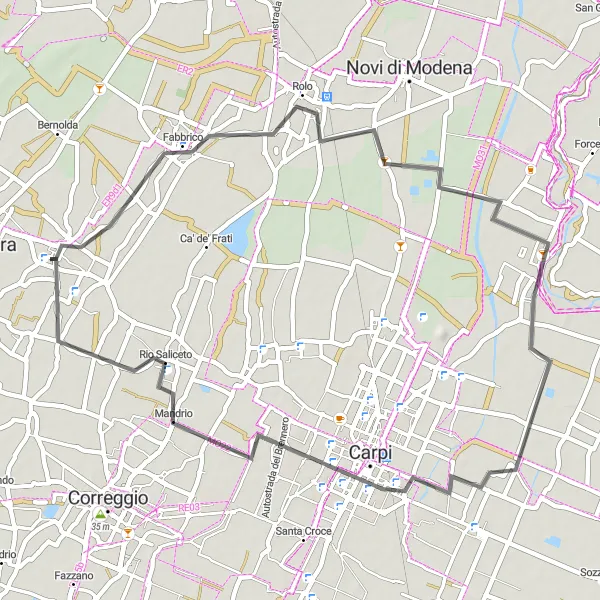 Miniature de la carte de l'inspiration cycliste "Parcours Road vers Campagnola Emilia" dans la Emilia-Romagna, Italy. Générée par le planificateur d'itinéraire cycliste Tarmacs.app