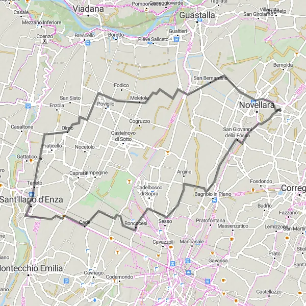 Miniature de la carte de l'inspiration cycliste "Parcours pittoresque de Campagnola Emilia à Novellara" dans la Emilia-Romagna, Italy. Générée par le planificateur d'itinéraire cycliste Tarmacs.app