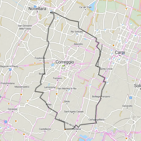 Miniature de la carte de l'inspiration cycliste "Tour cycliste à Campagnola Emilia" dans la Emilia-Romagna, Italy. Générée par le planificateur d'itinéraire cycliste Tarmacs.app
