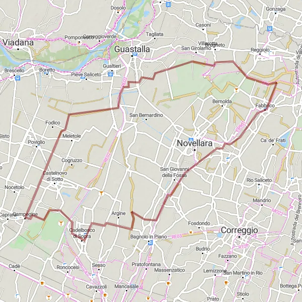 Miniatura della mappa di ispirazione al ciclismo "Campegine - Fabbrico - Cadelbosco di Sopra" nella regione di Emilia-Romagna, Italy. Generata da Tarmacs.app, pianificatore di rotte ciclistiche