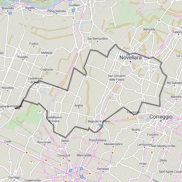 Zemljevid v pomanjšavi "Kolesarska pot okoli Campegine - 67 km" kolesarske inspiracije v Emilia-Romagna, Italy. Generirano z načrtovalcem kolesarskih poti Tarmacs.app