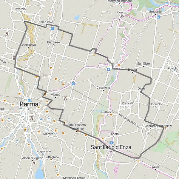 Mapa miniatúra "Okružná cyklistická trasa cez Calerno, San Prospero Parmense, Vicomero, Sorbolo a Olmo" cyklistická inšpirácia v Emilia-Romagna, Italy. Vygenerované cyklistickým plánovačom trás Tarmacs.app