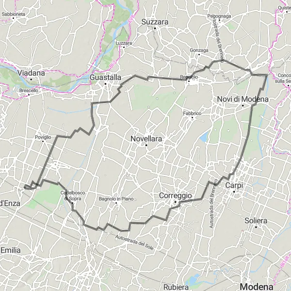 Miniaturní mapa "Okružní cyklistická trasa z Campegine" inspirace pro cyklisty v oblasti Emilia-Romagna, Italy. Vytvořeno pomocí plánovače tras Tarmacs.app