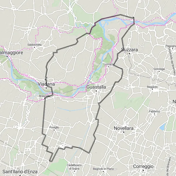 Kartminiatyr av "Campegine till Castelnovo di Sotto" cykelinspiration i Emilia-Romagna, Italy. Genererad av Tarmacs.app cykelruttplanerare