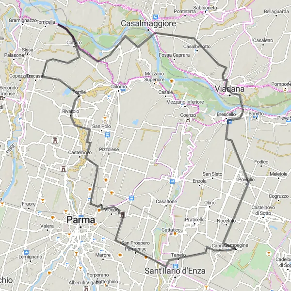 Mapa miniatúra "Cyklistická trasa cez San Prospero Parmense, Torrile, Fiume Po, Viadana a Nocetolo" cyklistická inšpirácia v Emilia-Romagna, Italy. Vygenerované cyklistickým plánovačom trás Tarmacs.app