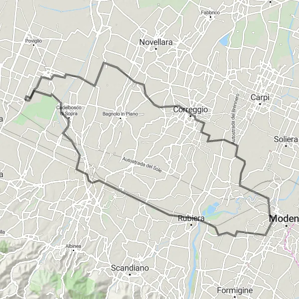 Miniatua del mapa de inspiración ciclista "Ruta por carretera de 95 km cerca de Campegine" en Emilia-Romagna, Italy. Generado por Tarmacs.app planificador de rutas ciclistas