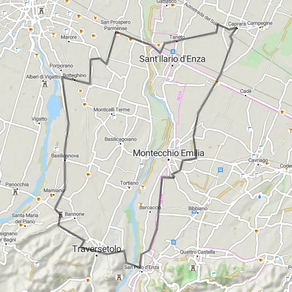 Miniatura della mappa di ispirazione al ciclismo "Calerno - San Polo d'Enza - Taneto" nella regione di Emilia-Romagna, Italy. Generata da Tarmacs.app, pianificatore di rotte ciclistiche