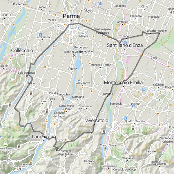 Miniatua del mapa de inspiración ciclista "Ruta desafiante de 87 km cerca de Campegine" en Emilia-Romagna, Italy. Generado por Tarmacs.app planificador de rutas ciclistas