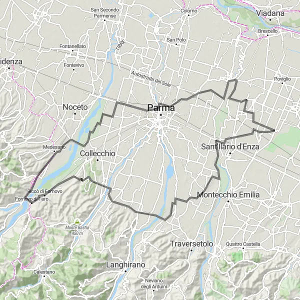 Miniatuurkaart van de fietsinspiratie "Campegine naar Parma en terug" in Emilia-Romagna, Italy. Gemaakt door de Tarmacs.app fietsrouteplanner
