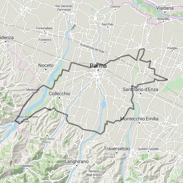 Miniatura della mappa di ispirazione al ciclismo "Giro in bicicletta da Campegina a Parma" nella regione di Emilia-Romagna, Italy. Generata da Tarmacs.app, pianificatore di rotte ciclistiche