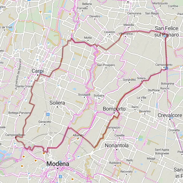 Miniaturní mapa "Gravelová trasa kolem Campogalliana" inspirace pro cyklisty v oblasti Emilia-Romagna, Italy. Vytvořeno pomocí plánovače tras Tarmacs.app