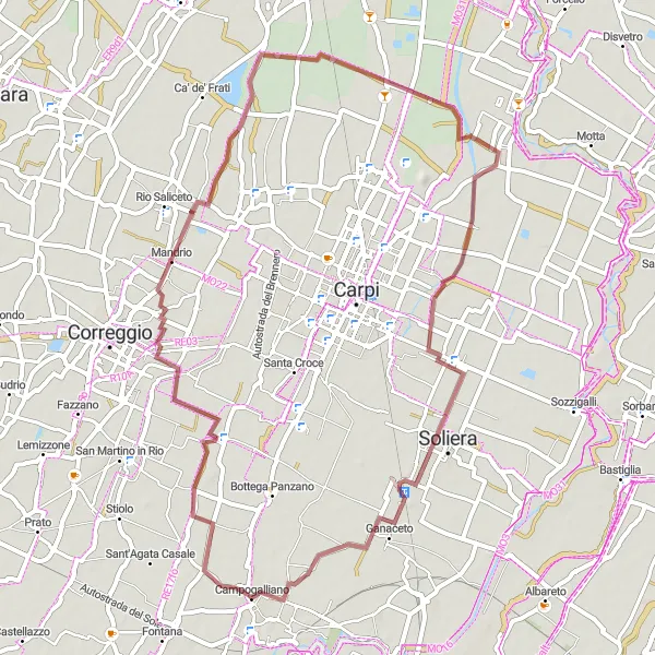 Miniatuurkaart van de fietsinspiratie "Rondrit van Campogalliano naar Mandrio en Soliera" in Emilia-Romagna, Italy. Gemaakt door de Tarmacs.app fietsrouteplanner