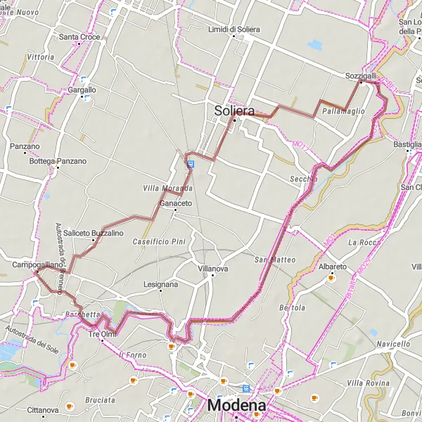Miniatua del mapa de inspiración ciclista "Ruta en grava Lesignana-Galleria desde Soliera" en Emilia-Romagna, Italy. Generado por Tarmacs.app planificador de rutas ciclistas