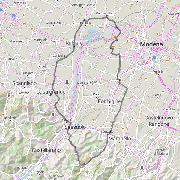 Karttaminiaatyyri "Solisevat jokeen tippuvat näkymät" pyöräilyinspiraatiosta alueella Emilia-Romagna, Italy. Luotu Tarmacs.app pyöräilyreittisuunnittelijalla