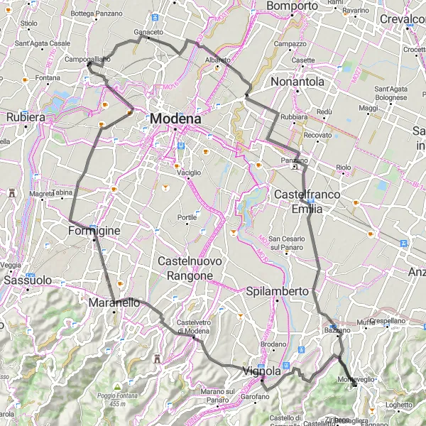 Mapa miniatúra "Okruh hradieb z Campogalliana" cyklistická inšpirácia v Emilia-Romagna, Italy. Vygenerované cyklistickým plánovačom trás Tarmacs.app