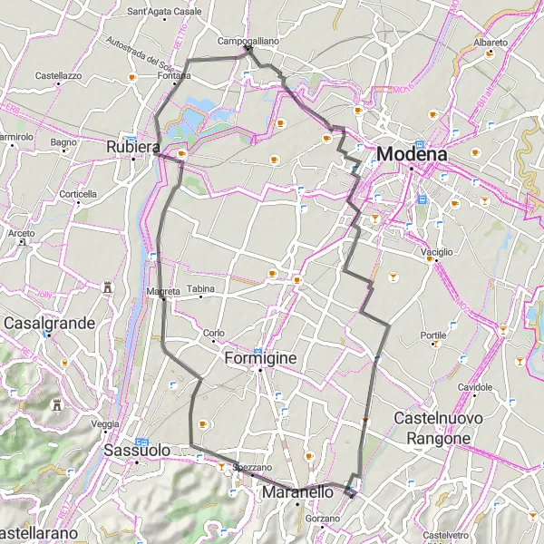 Miniature de la carte de l'inspiration cycliste "Excursion routière de Campogalliano à Osteria à travers Montale Rangone et Maranello" dans la Emilia-Romagna, Italy. Générée par le planificateur d'itinéraire cycliste Tarmacs.app