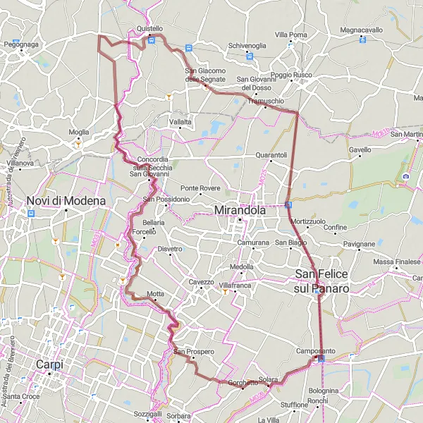Kartminiatyr av "San Pietro in Elda til San Felice sul Panaro Gravel Cycling Route" sykkelinspirasjon i Emilia-Romagna, Italy. Generert av Tarmacs.app sykkelrutoplanlegger