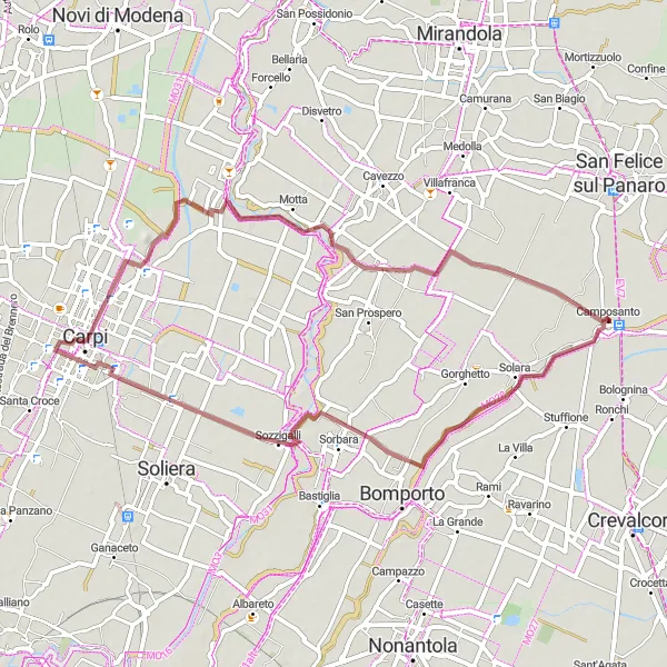 Miniature de la carte de l'inspiration cycliste "Randonnée Gravel entre Sorbara et Staggia Modenese" dans la Emilia-Romagna, Italy. Générée par le planificateur d'itinéraire cycliste Tarmacs.app