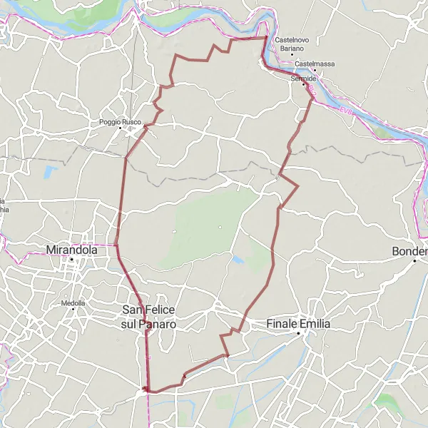 Miniatua del mapa de inspiración ciclista "Ruta de Grava alrededor de San Felice sul Panaro" en Emilia-Romagna, Italy. Generado por Tarmacs.app planificador de rutas ciclistas