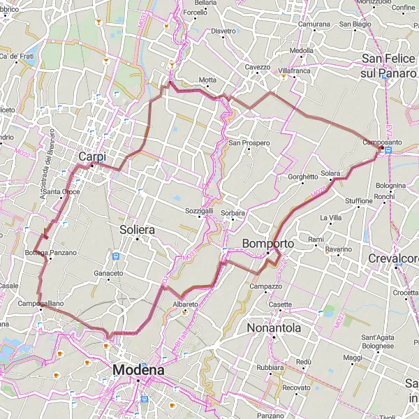 Miniaturní mapa "Trasa Bomporto-Campogalliano-Castello dei Pio" inspirace pro cyklisty v oblasti Emilia-Romagna, Italy. Vytvořeno pomocí plánovače tras Tarmacs.app