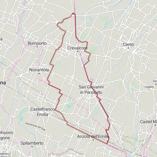 Miniatua del mapa de inspiración ciclista "Ruta de Grava desde Bolognina a Ponte Samoggia" en Emilia-Romagna, Italy. Generado por Tarmacs.app planificador de rutas ciclistas