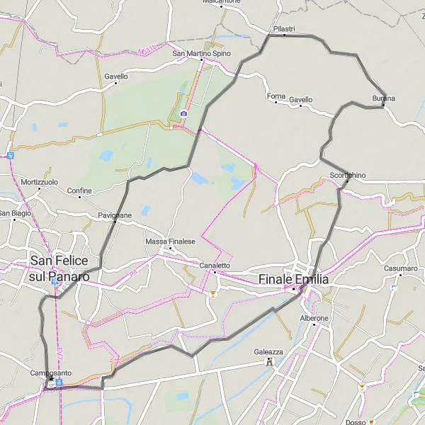Miniaturní mapa "Okružní cyklistická trasa z Camposanta" inspirace pro cyklisty v oblasti Emilia-Romagna, Italy. Vytvořeno pomocí plánovače tras Tarmacs.app