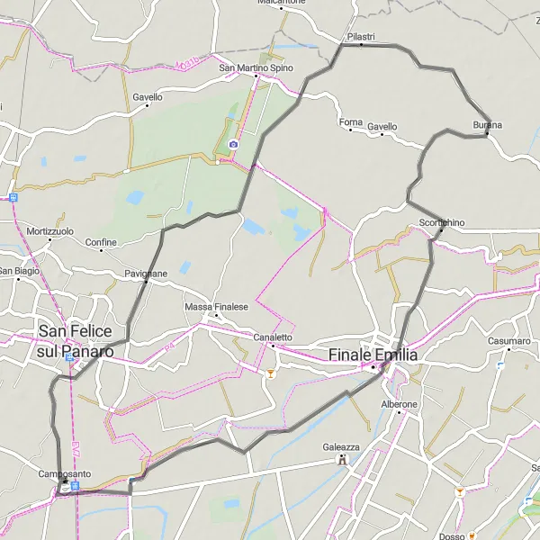 Map miniature of "Camposanto - Cadecoppi Cycling Route" cycling inspiration in Emilia-Romagna, Italy. Generated by Tarmacs.app cycling route planner