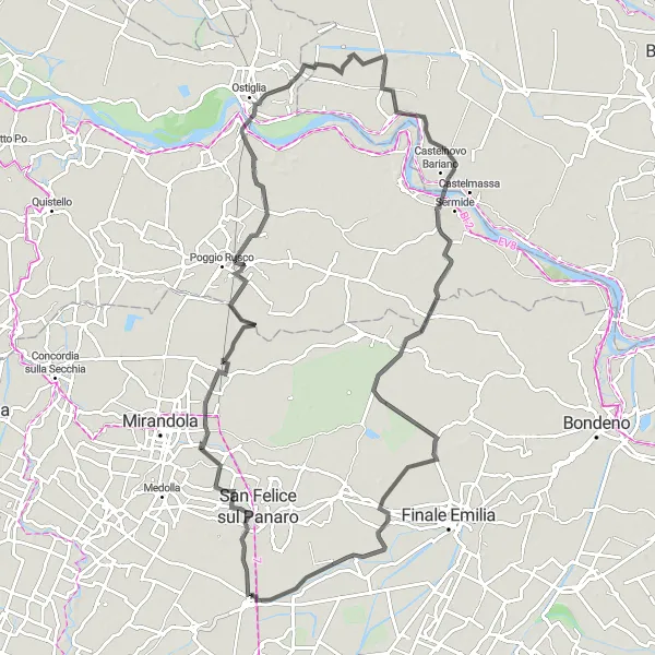 Mapa miniatúra "Road Cycling Exploration near Camposanto" cyklistická inšpirácia v Emilia-Romagna, Italy. Vygenerované cyklistickým plánovačom trás Tarmacs.app