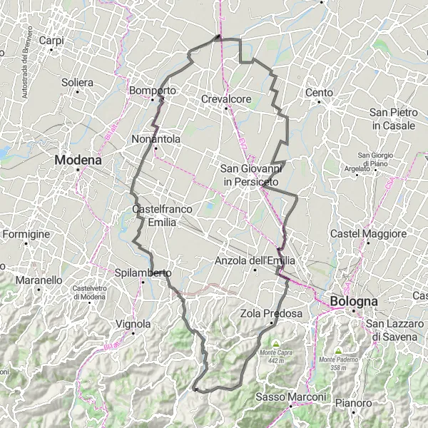 Miniaturní mapa "Významná cyklistická trasa u Camposanta" inspirace pro cyklisty v oblasti Emilia-Romagna, Italy. Vytvořeno pomocí plánovače tras Tarmacs.app