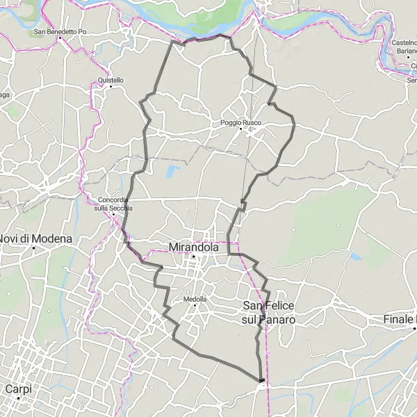 Miniatuurkaart van de fietsinspiratie "Rondrit vanaf Camposanto naar Quingentole en terug" in Emilia-Romagna, Italy. Gemaakt door de Tarmacs.app fietsrouteplanner