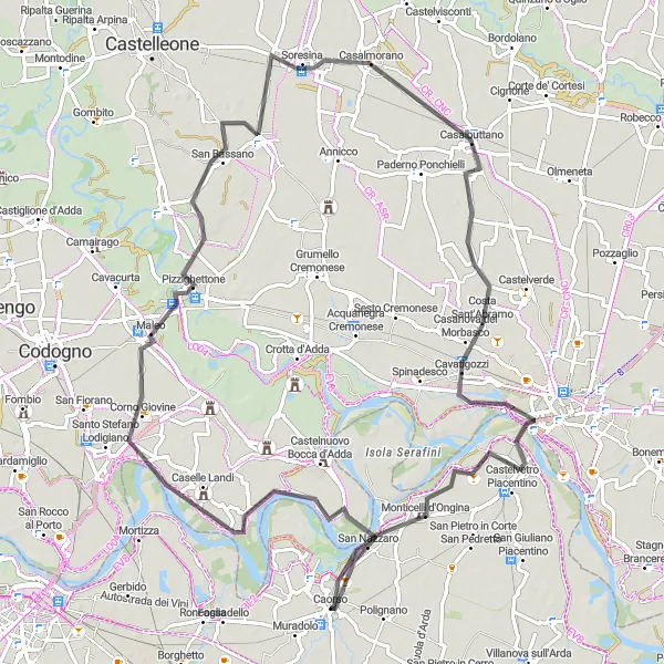 Miniatura della mappa di ispirazione al ciclismo "Percorso ciclistico tra Caorso e Monticelli d'Ongina" nella regione di Emilia-Romagna, Italy. Generata da Tarmacs.app, pianificatore di rotte ciclistiche