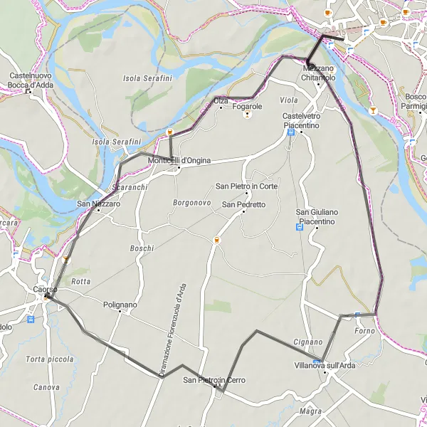 Miniatuurkaart van de fietsinspiratie "Ontdekkingstocht door de omliggende dorpen" in Emilia-Romagna, Italy. Gemaakt door de Tarmacs.app fietsrouteplanner