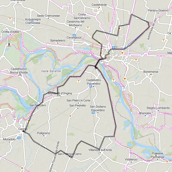 Map miniature of "Cycling Through History: Cremona and Beyond" cycling inspiration in Emilia-Romagna, Italy. Generated by Tarmacs.app cycling route planner