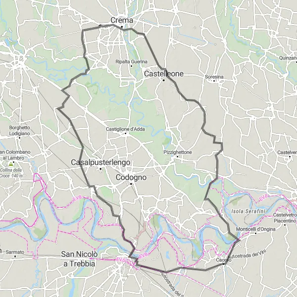 Miniatura della mappa di ispirazione al ciclismo "Tour in bicicletta da Piacenza a Castelnuovo Bocca d'Adda" nella regione di Emilia-Romagna, Italy. Generata da Tarmacs.app, pianificatore di rotte ciclistiche