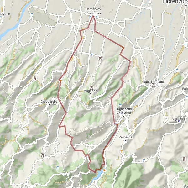 Miniaturní mapa "Cyklovýlet okolo Carpaneto Piacentino" inspirace pro cyklisty v oblasti Emilia-Romagna, Italy. Vytvořeno pomocí plánovače tras Tarmacs.app