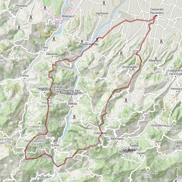 Miniatura della mappa di ispirazione al ciclismo "Sfida in mountain bike attraverso i passi dell'Appennino" nella regione di Emilia-Romagna, Italy. Generata da Tarmacs.app, pianificatore di rotte ciclistiche