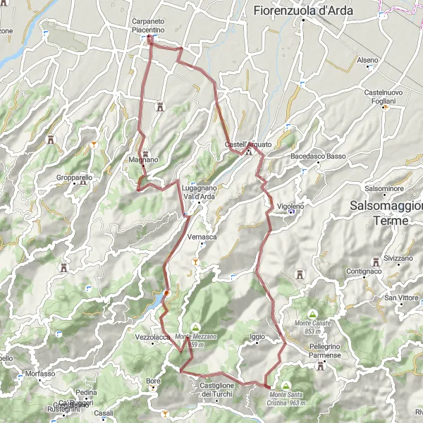 Map miniature of "Road Cycling Adventure to Monte Cantagallo" cycling inspiration in Emilia-Romagna, Italy. Generated by Tarmacs.app cycling route planner