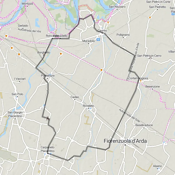 Zemljevid v pomanjšavi "Cestna pot Pontenure - Ciriano" kolesarske inspiracije v Emilia-Romagna, Italy. Generirano z načrtovalcem kolesarskih poti Tarmacs.app
