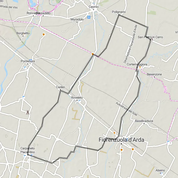 Kartminiatyr av "Utforsk Fiorenzuola d'Arda og San Pietro in Cerro" sykkelinspirasjon i Emilia-Romagna, Italy. Generert av Tarmacs.app sykkelrutoplanlegger