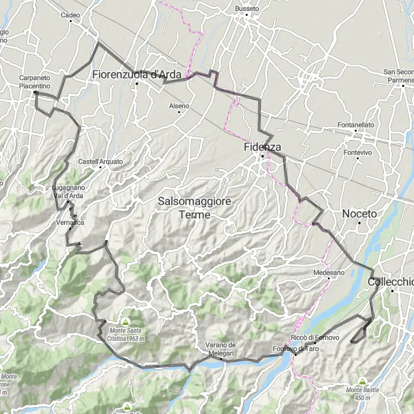 Mapa miniatúra "Cestovanie z Carpaneto Piacentino cez Fiorenzuola d'Arda, Fidenzu, Borghetto, Pontescodgnu, Monte Castione, Varano de' Melegari, I Poggi, Monte Castellaro, Vernasca do Carpaneto Piacentino" cyklistická inšpirácia v Emilia-Romagna, Italy. Vygenerované cyklistickým plánovačom trás Tarmacs.app