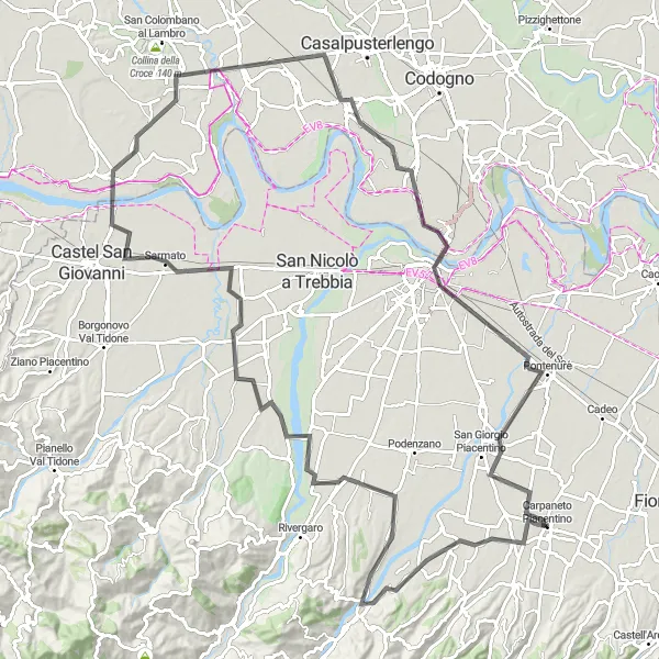 Miniaturní mapa "Okruh Piacentino" inspirace pro cyklisty v oblasti Emilia-Romagna, Italy. Vytvořeno pomocí plánovače tras Tarmacs.app