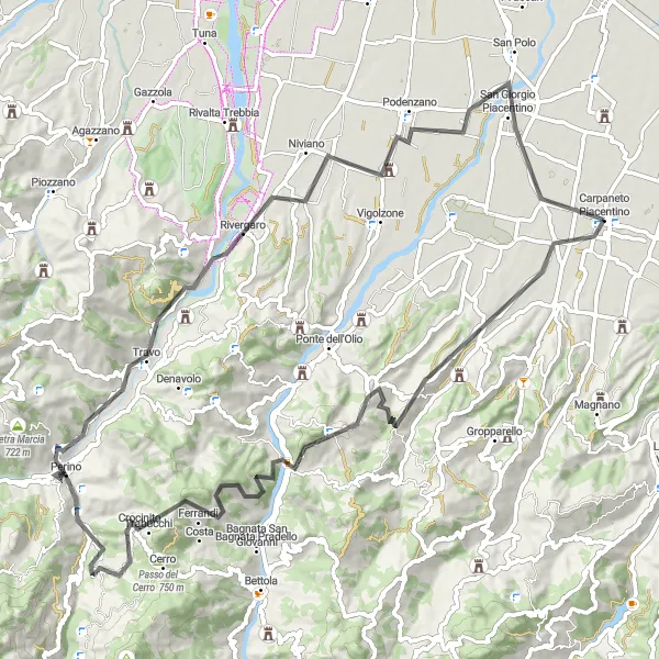 Miniatua del mapa de inspiración ciclista "Desafío de montaña desde Carpaneto Piacentino a Travo" en Emilia-Romagna, Italy. Generado por Tarmacs.app planificador de rutas ciclistas