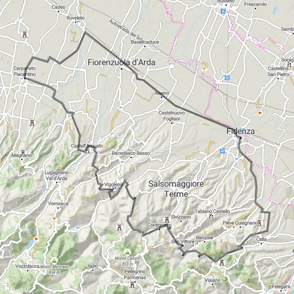 Miniatura mapy "Trasa przez Carpaneto Piacentino, Alseno, Fidenza, Monte Desio, San Vittore, Monte Larino, Monte Tessaro, Castell'Arquato, Negrano" - trasy rowerowej w Emilia-Romagna, Italy. Wygenerowane przez planer tras rowerowych Tarmacs.app