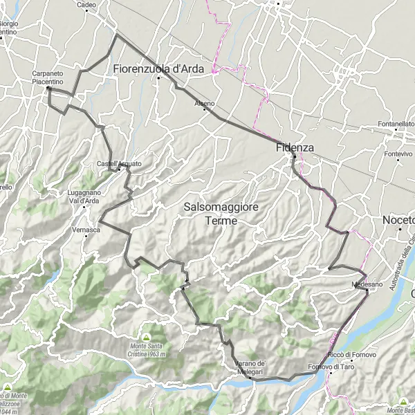 Kartminiatyr av "Høydedrag i Piacenza" sykkelinspirasjon i Emilia-Romagna, Italy. Generert av Tarmacs.app sykkelrutoplanlegger